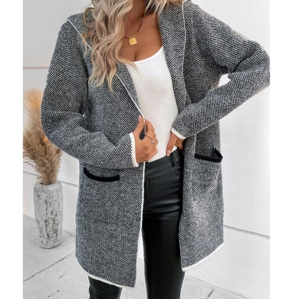 Pocketed Hooded Black Binding detailed knit sweater Cardigan - Picture 7 of 7